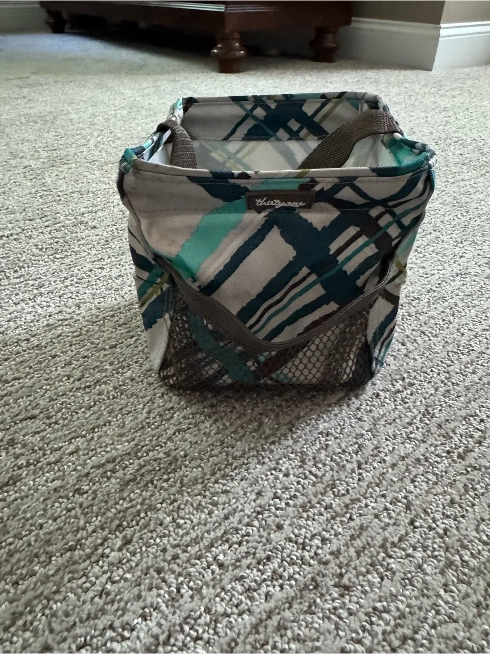 Thirty-One Canvas Storage Bin in Teal and Brown- Home Accents